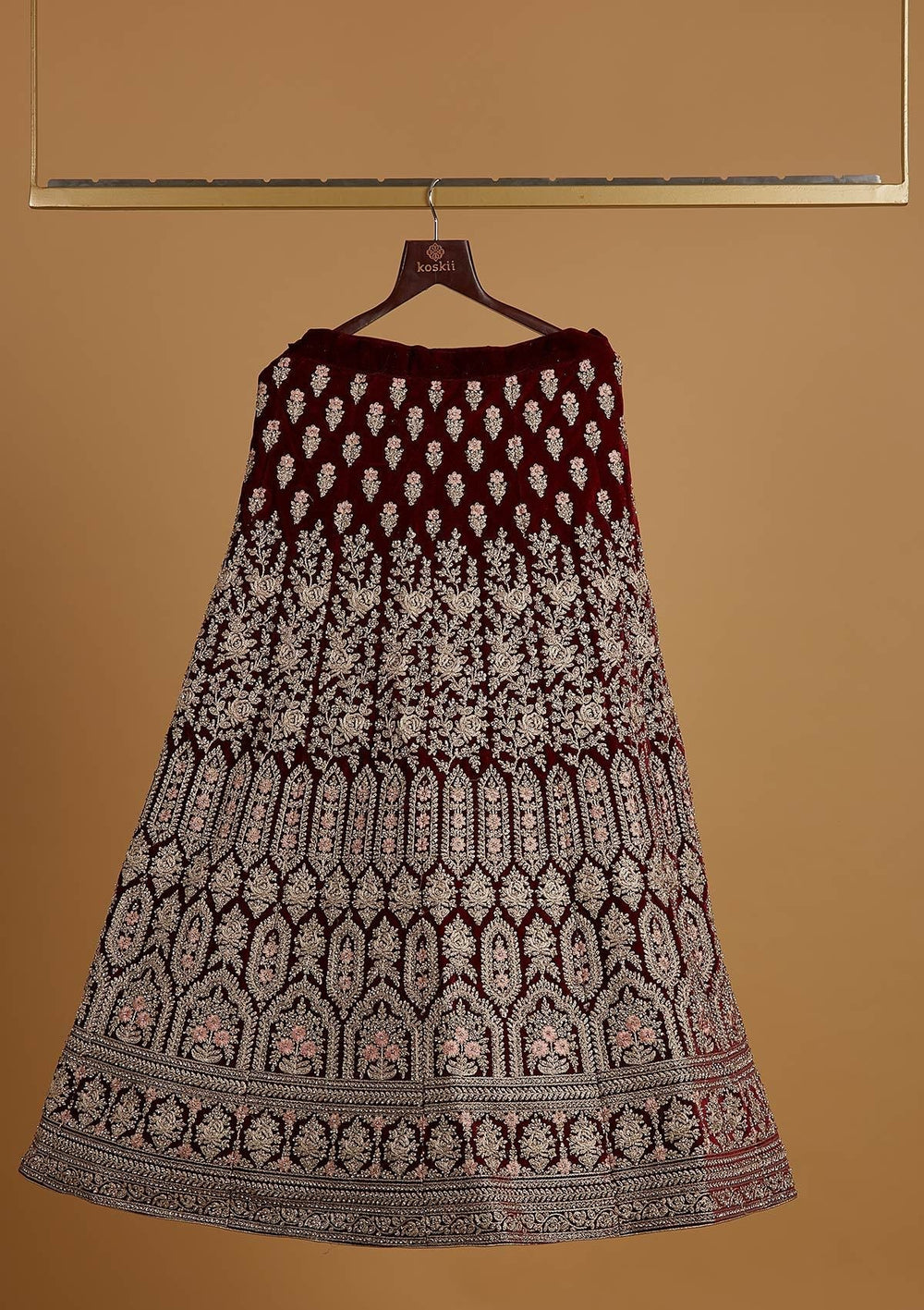 Maroon Silver Stonework Velvet Designer Semi-Stitched Lehenga - koskii