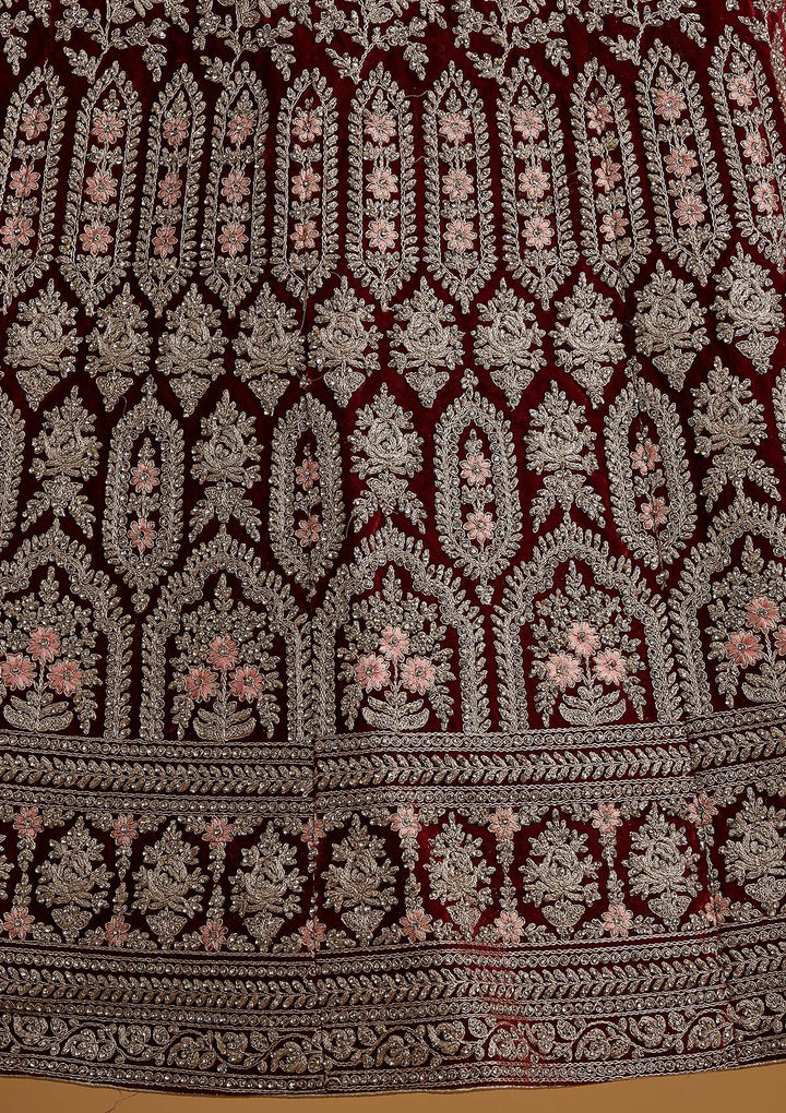 Maroon Silver Stonework Velvet Designer Semi-Stitched Lehenga - koskii