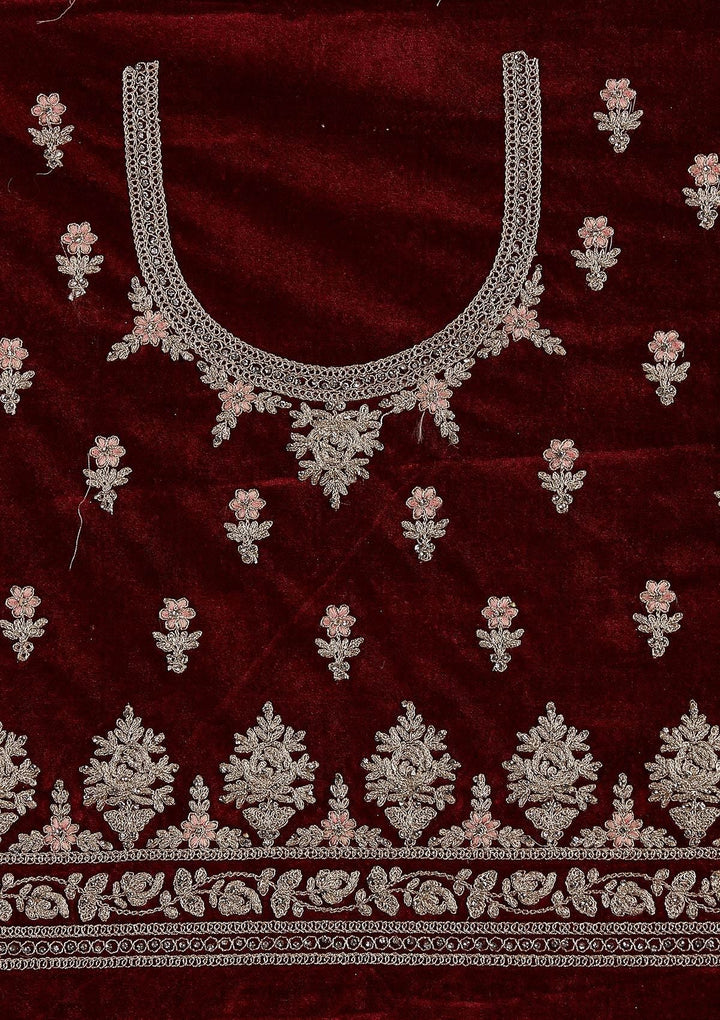 Maroon Silver Stonework Velvet Designer Semi-Stitched Lehenga - koskii