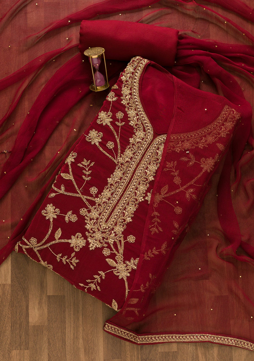 Maroon Stonework Crepe Unstitched Salwar Kameez-Koskii