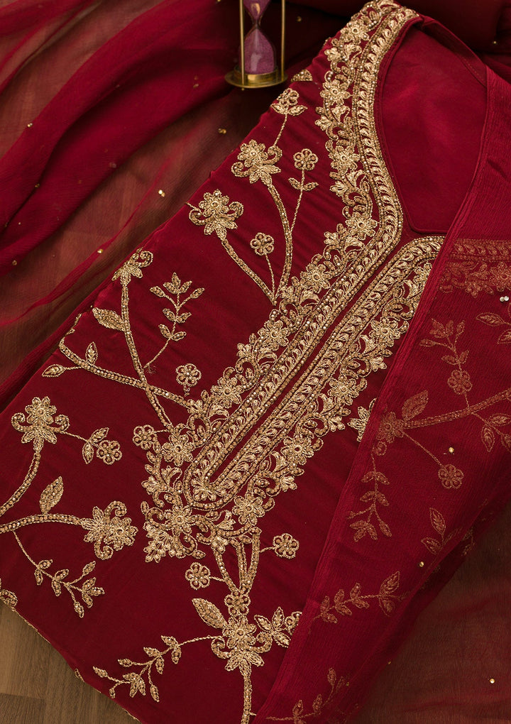 Maroon Stonework Crepe Unstitched Salwar Kameez-Koskii