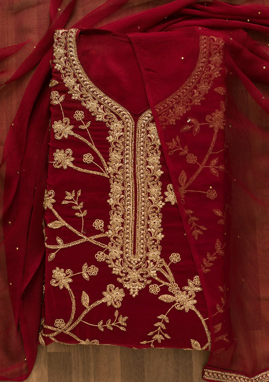 Maroon Stonework Crepe Unstitched Salwar Kameez-Koskii