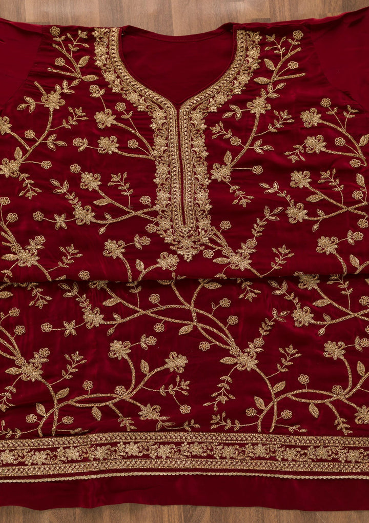Maroon Stonework Crepe Unstitched Salwar Kameez-Koskii
