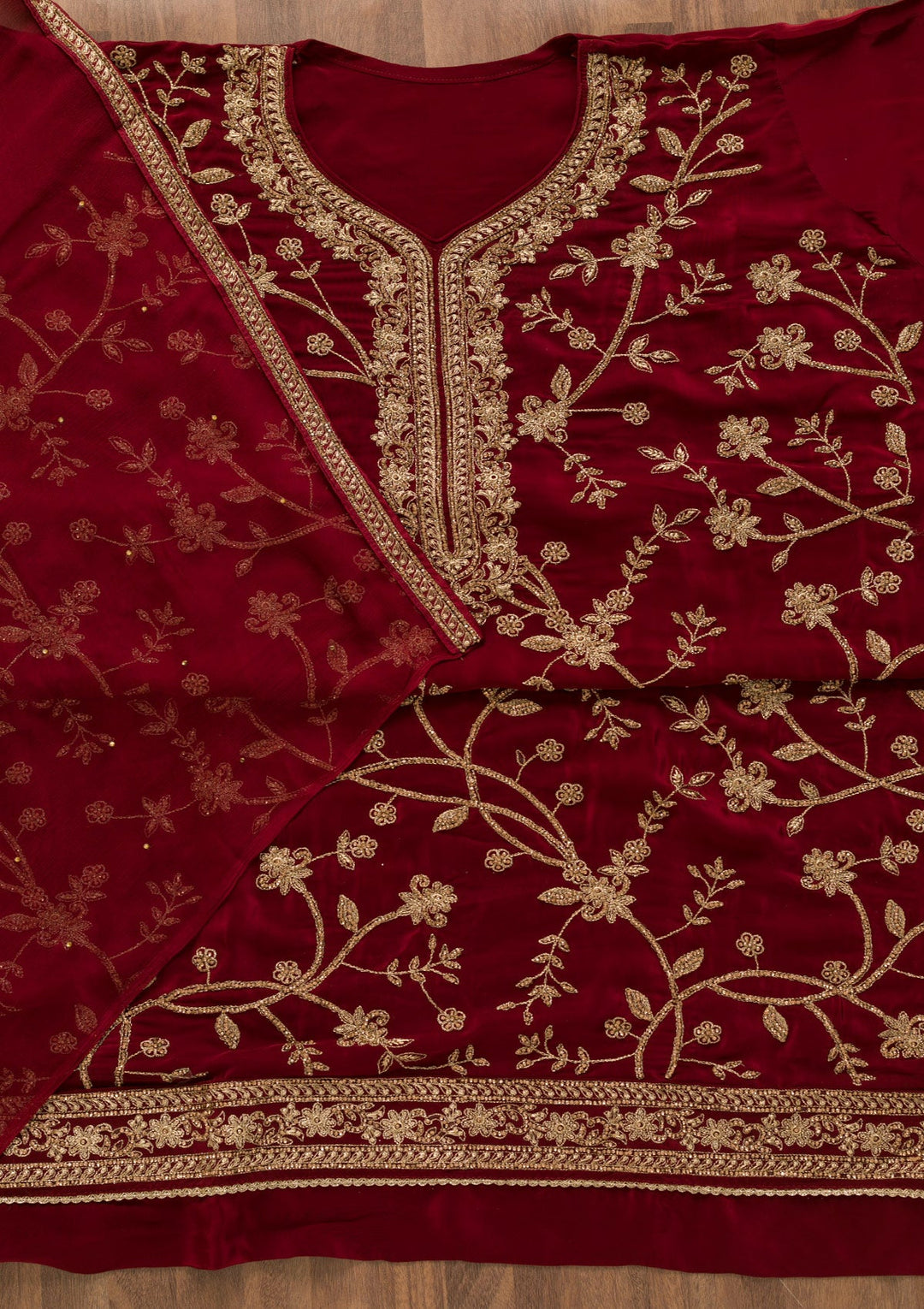 Maroon Stonework Crepe Unstitched Salwar Kameez-Koskii