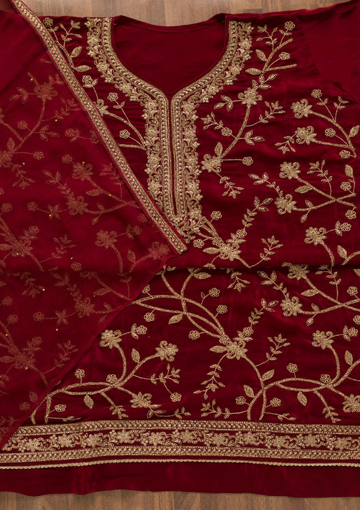 Maroon Stonework Crepe Unstitched Salwar Kameez-Koskii