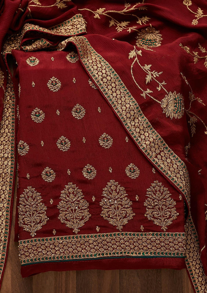 Maroon Stonework Georgette Designer Unstitched Salwar Suit - Koskii