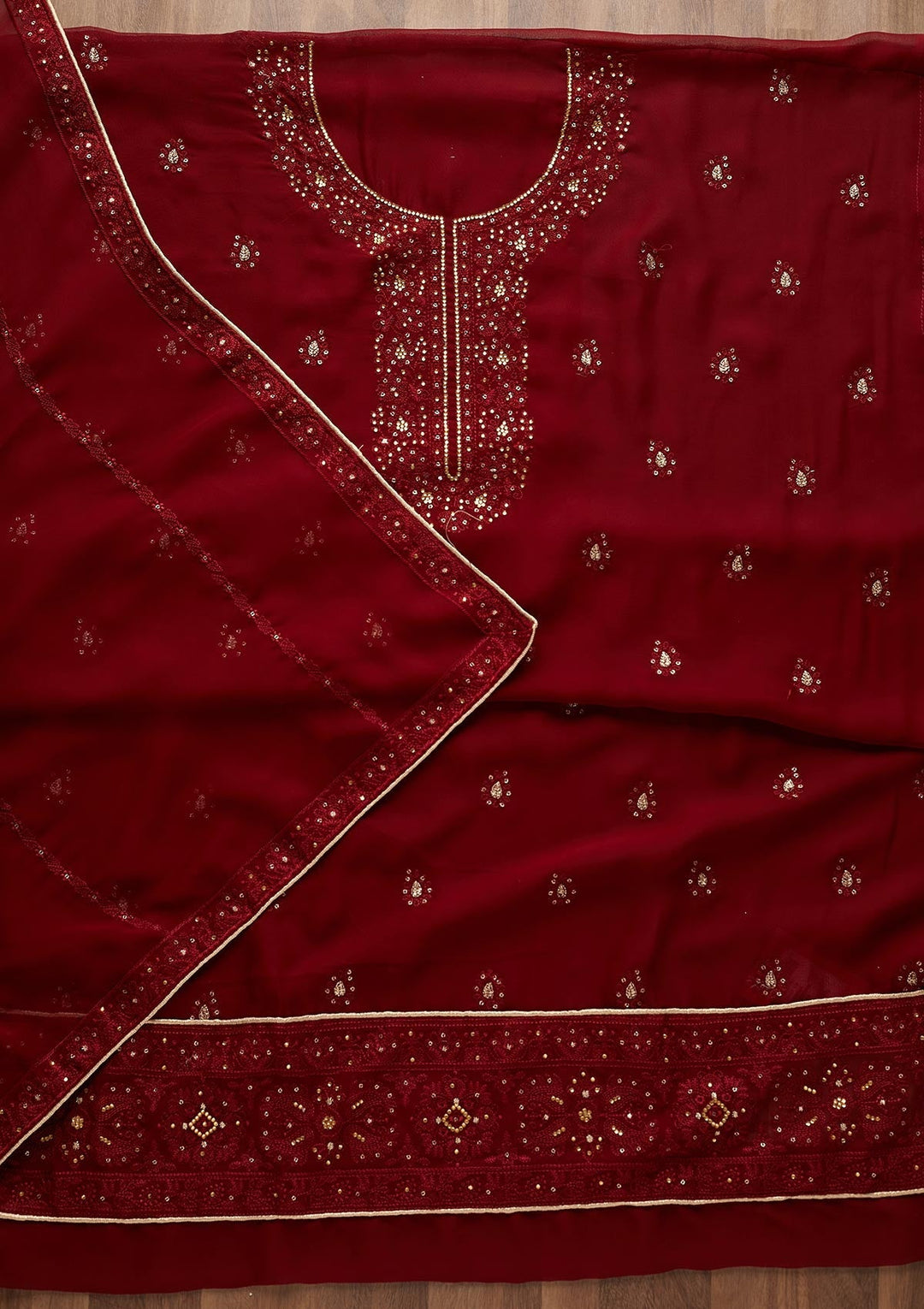 Maroon Stonework Georgette  Unstitched Salwar Suit - Koskii