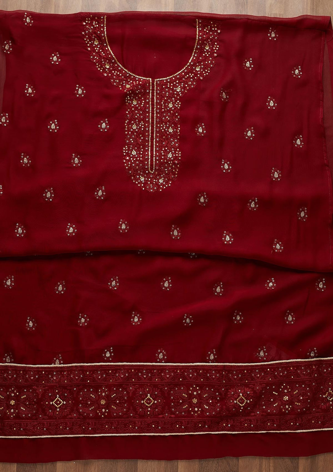 Maroon Stonework Georgette  Unstitched Salwar Suit - Koskii
