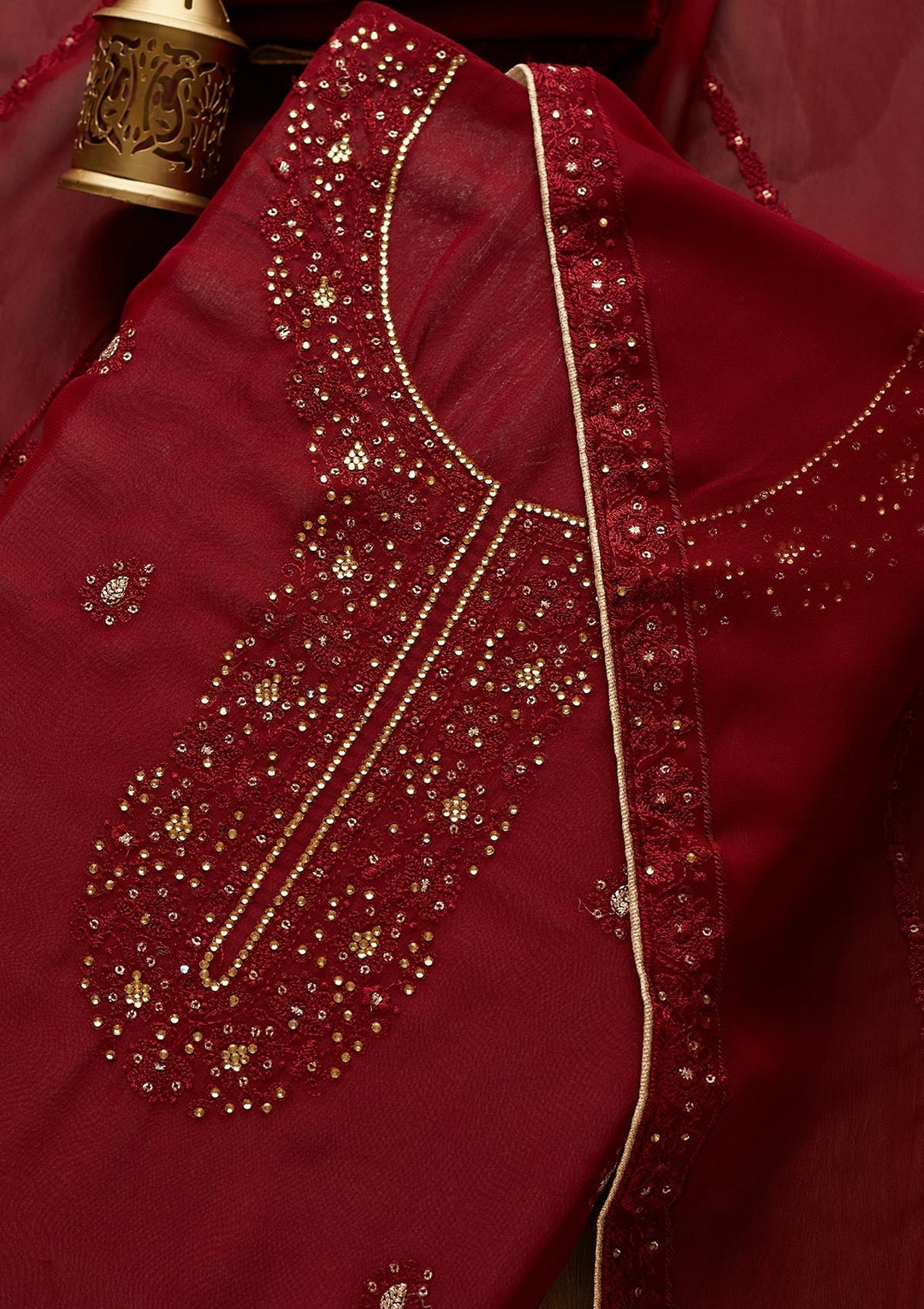 Maroon Stonework Georgette  Unstitched Salwar Suit - Koskii