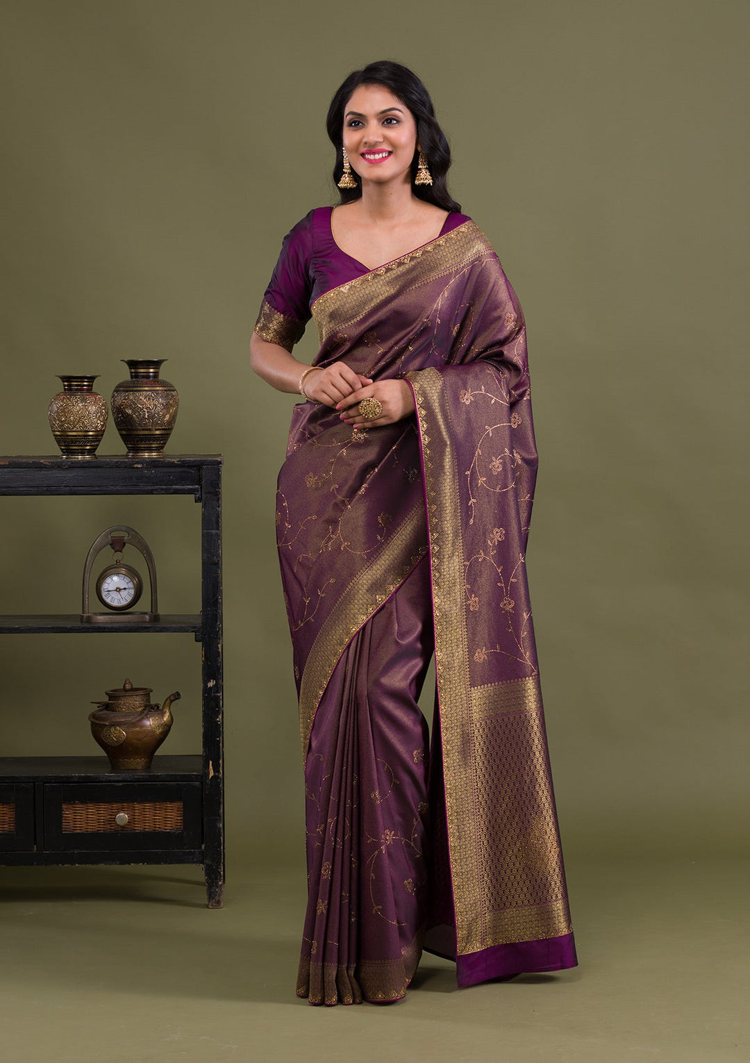 Wine Swarovski Art Silk Saree-Koskii