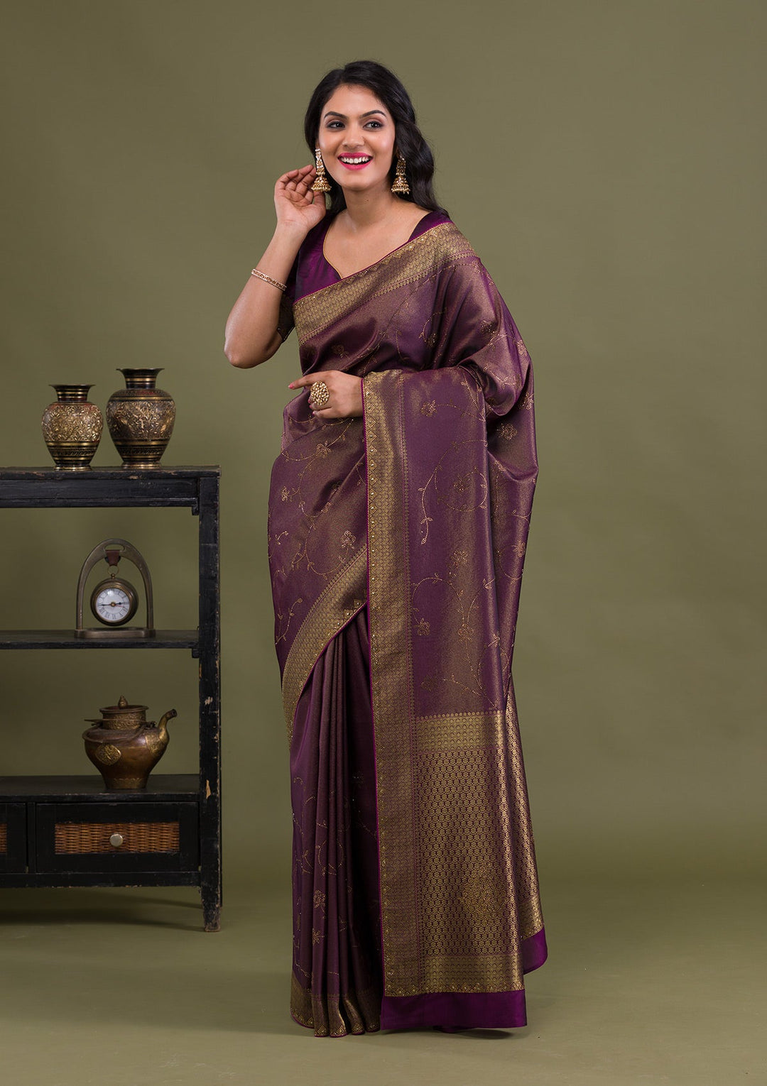 Wine Swarovski Art Silk Saree-Koskii