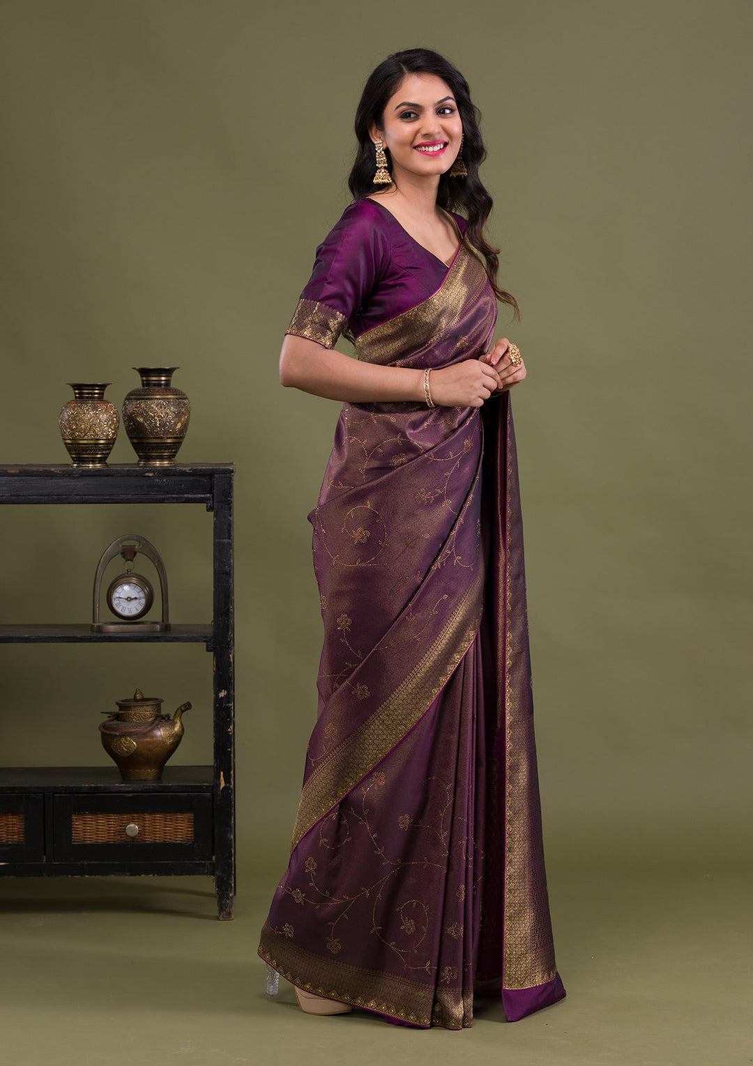 Wine Swarovski Art Silk Saree-Koskii