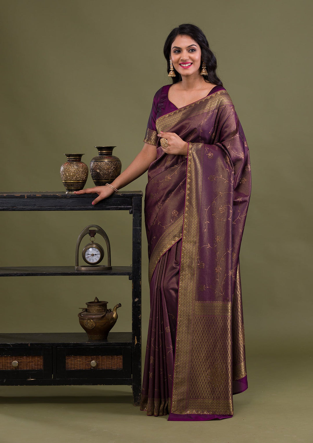 Wine Swarovski Art Silk Saree-Koskii