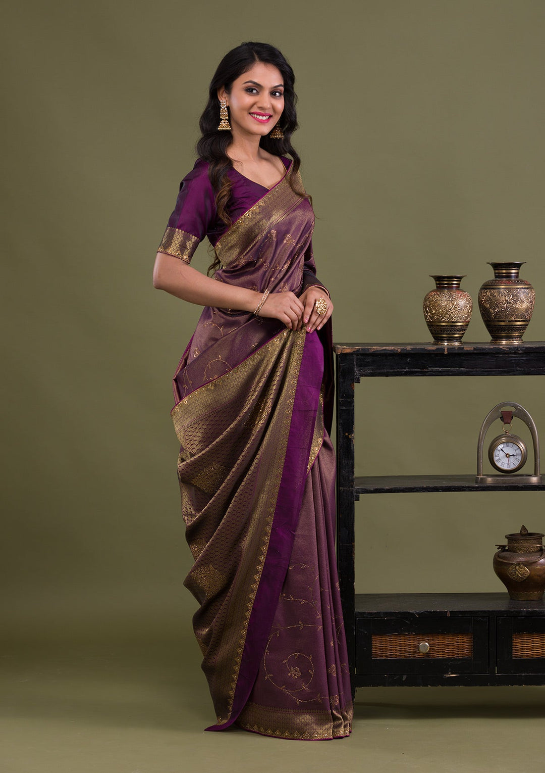 Wine Swarovski Art Silk Saree-Koskii