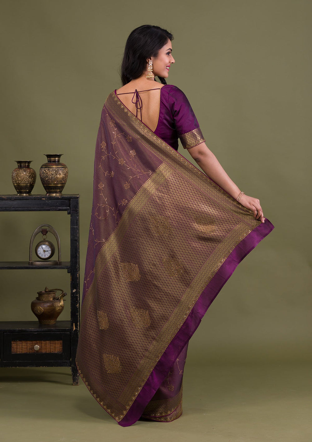 Wine Swarovski Art Silk Saree-Koskii
