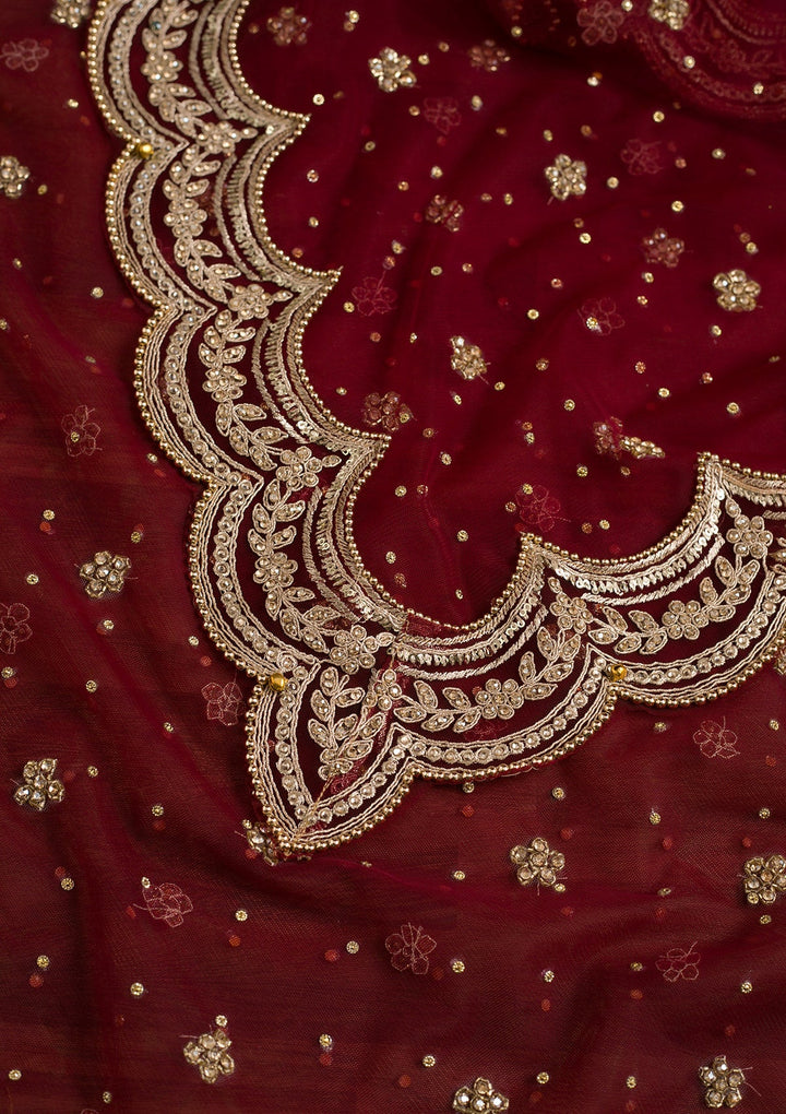 Maroon Stonework Net Dupatta-Koskii
