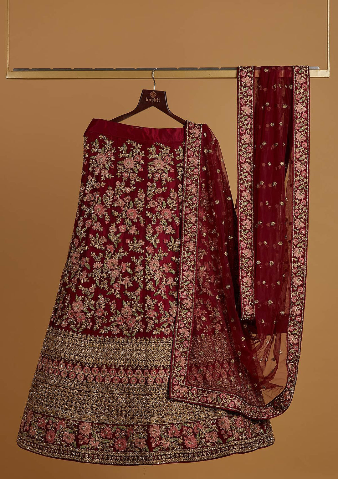 Maroon Stonework Net Designer Semi-Stitched Lehenga - koskii