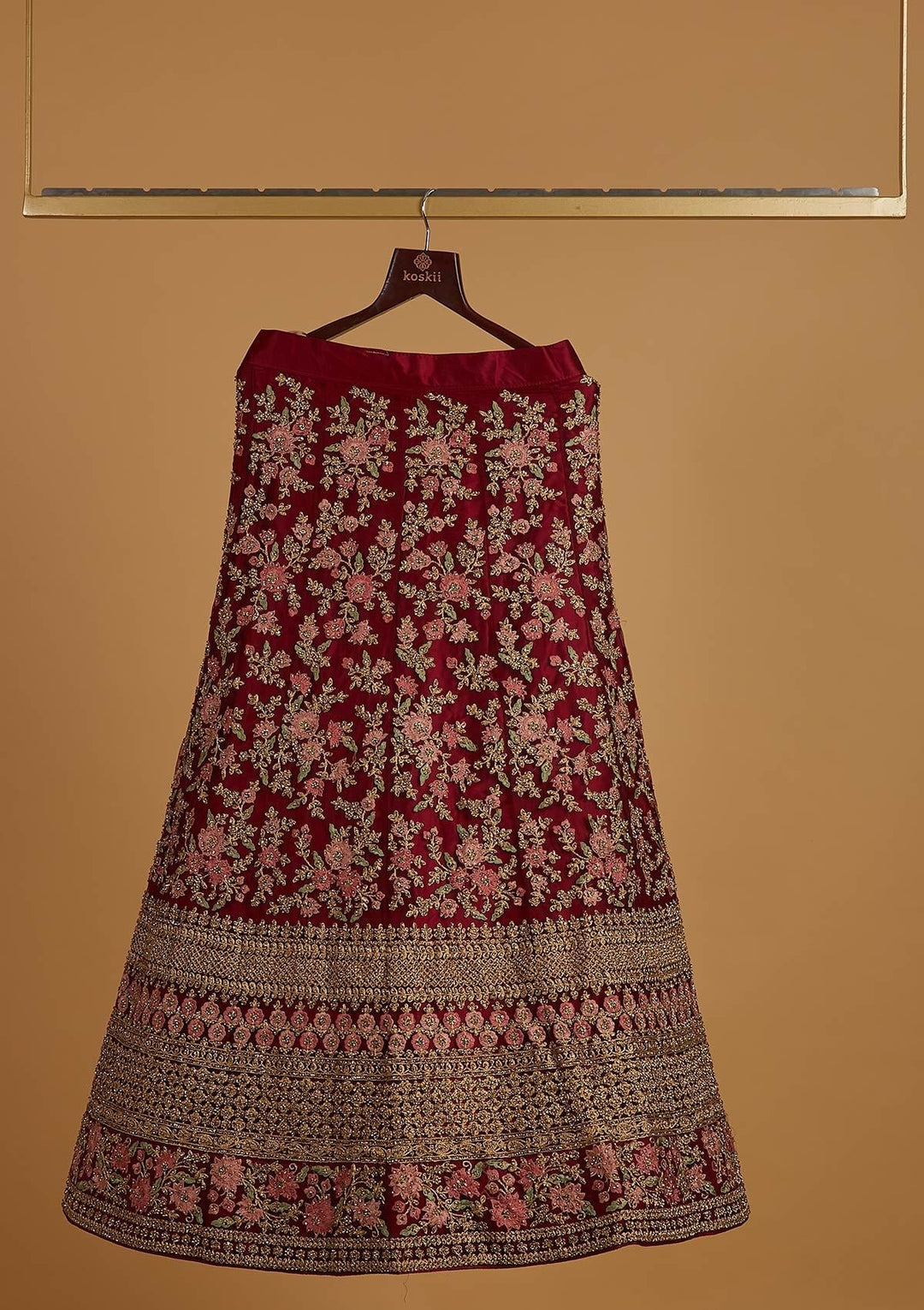 Maroon Stonework Net Designer Semi-Stitched Lehenga - koskii