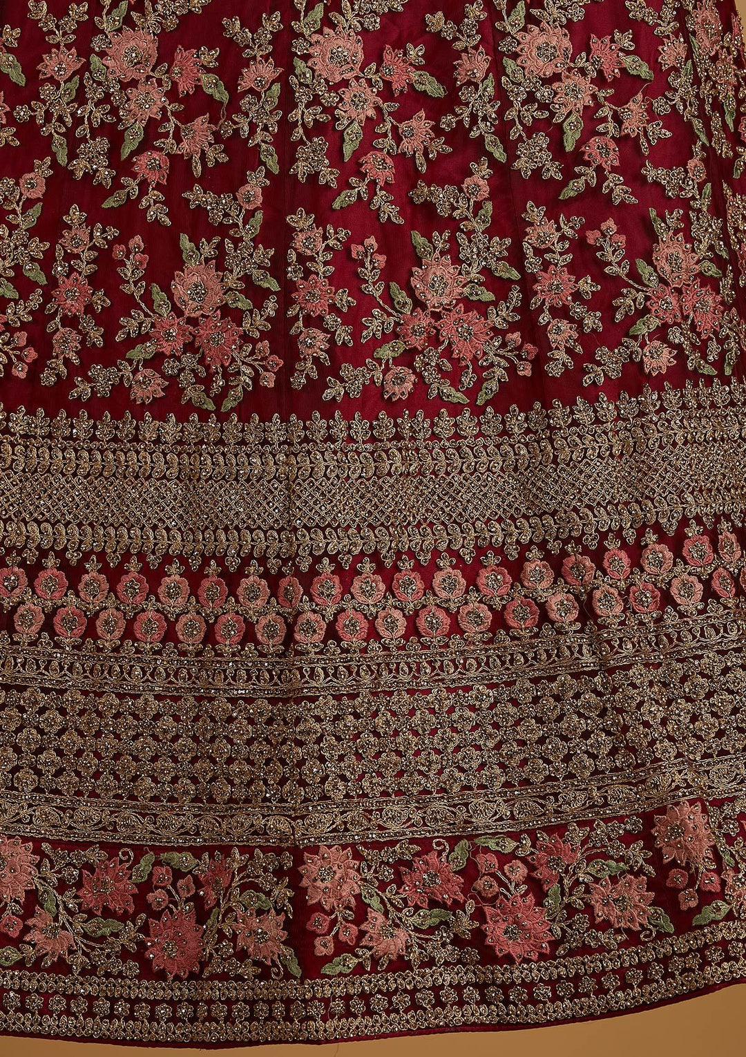 Maroon Stonework Net Designer Semi-Stitched Lehenga - koskii