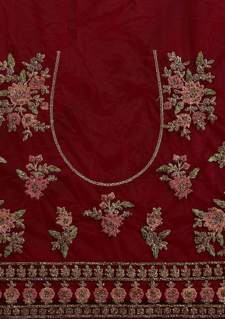 Maroon Stonework Net Designer Semi-Stitched Lehenga - koskii