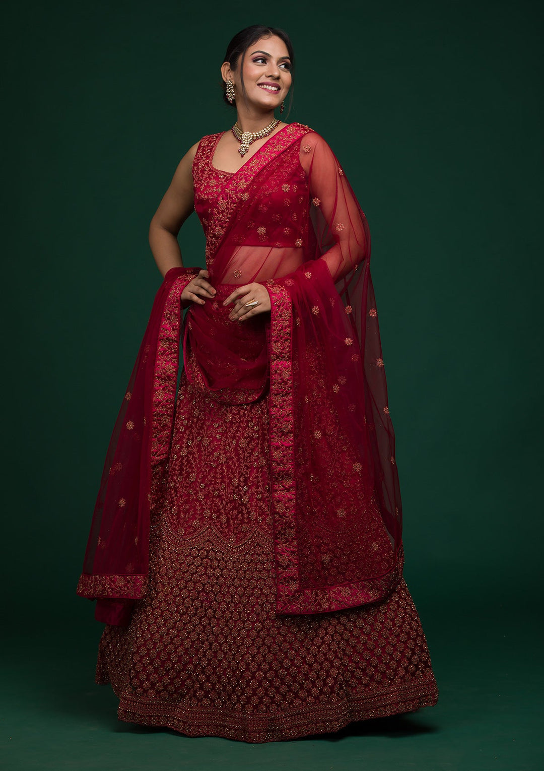 Maroon Stonework Net Lehenga-koskii