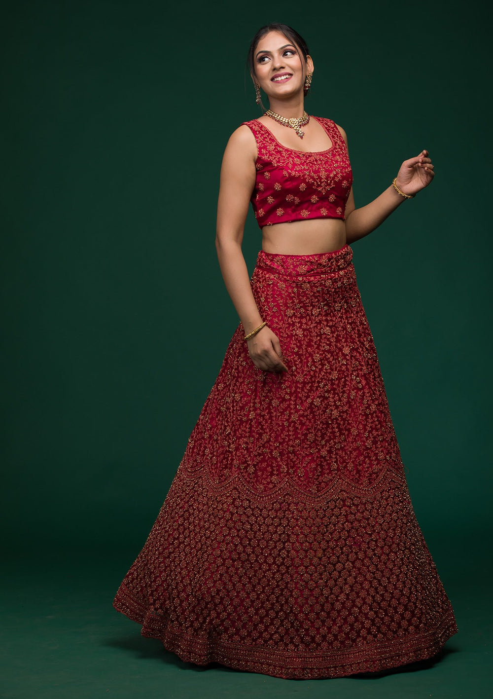 Maroon Stonework Net Lehenga-koskii