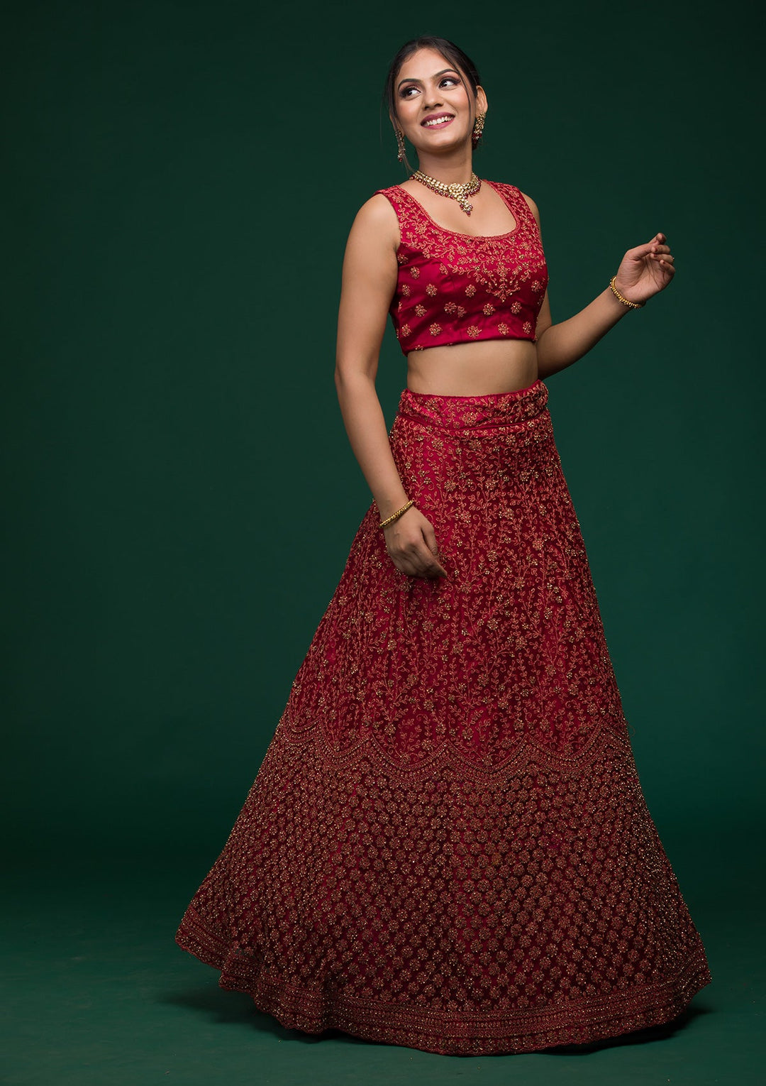Maroon Stonework Net Lehenga-koskii