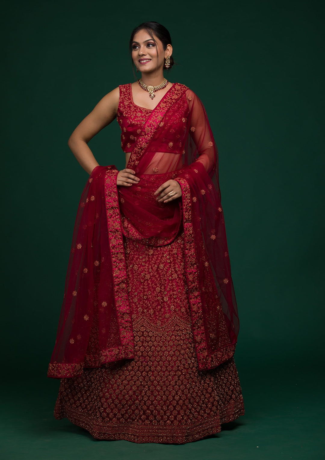 Maroon Stonework Net Lehenga-koskii