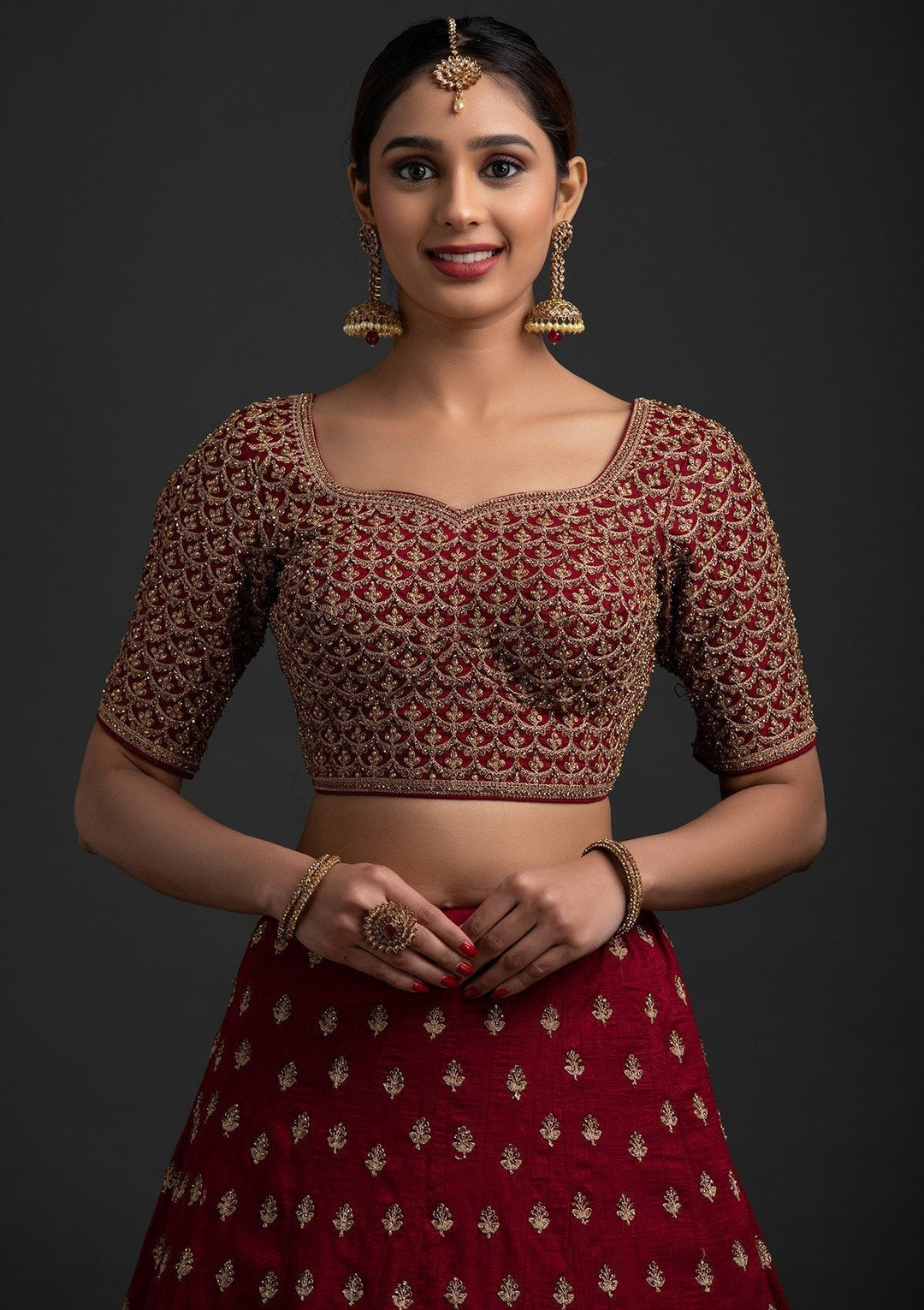 Maroon Stonework Raw Silk Designer Lehenga - koskii