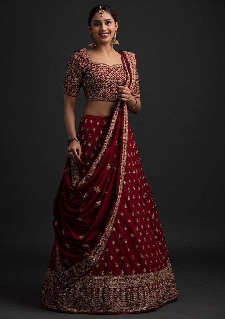 Maroon Stonework Raw Silk Designer Lehenga - koskii