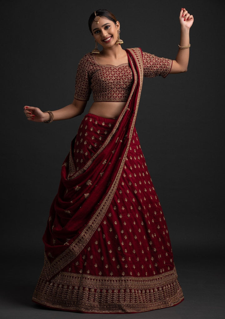 Maroon Stonework Raw Silk Designer Lehenga - koskii