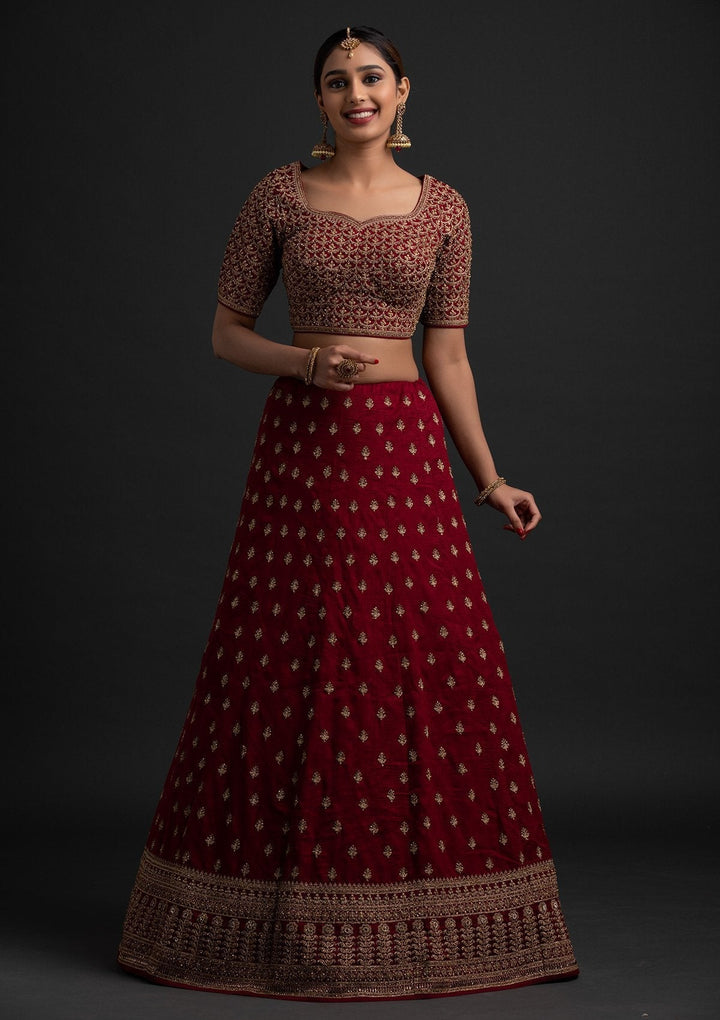 Maroon Stonework Raw Silk Designer Lehenga - koskii