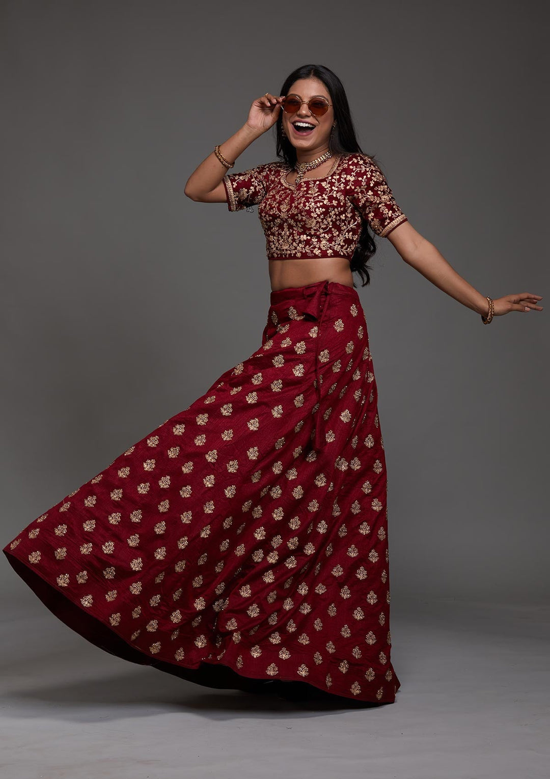 Maroon Stonework Raw Silk Designer Lehenga-Koskii