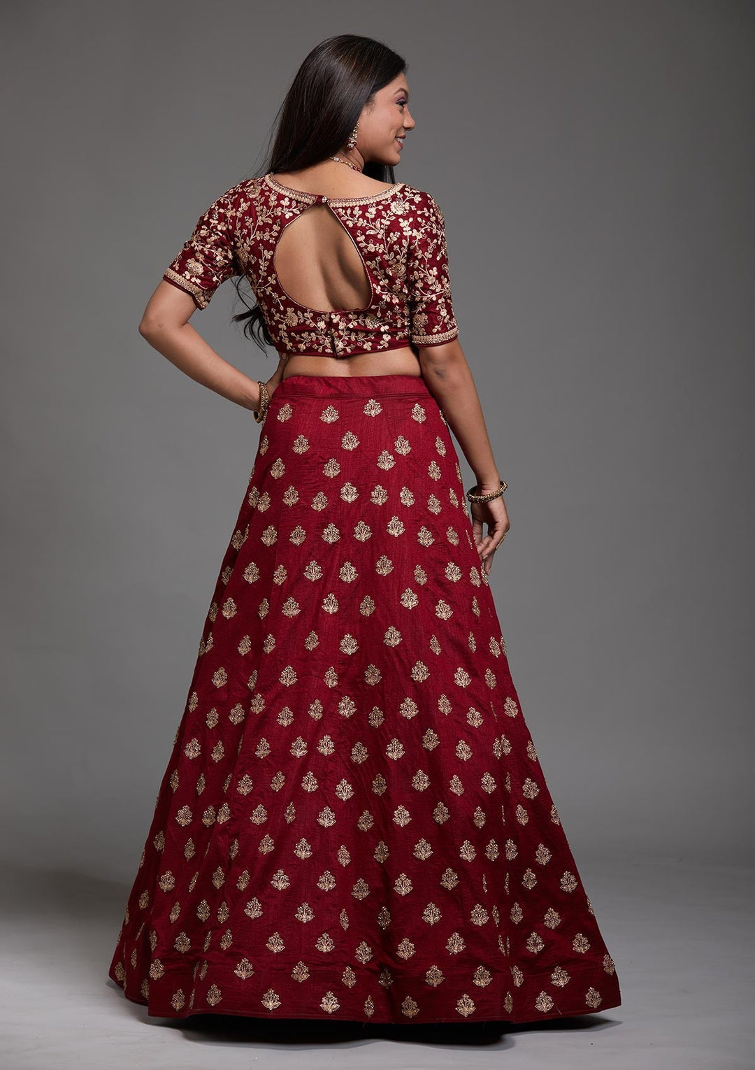 Maroon Stonework Raw Silk Designer Lehenga-Koskii