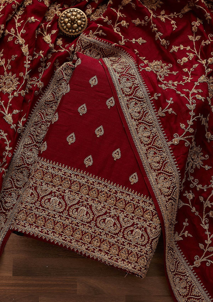 Maroon Stonework Raw Silk Designer Unstitched Salwar Suit - Koskii