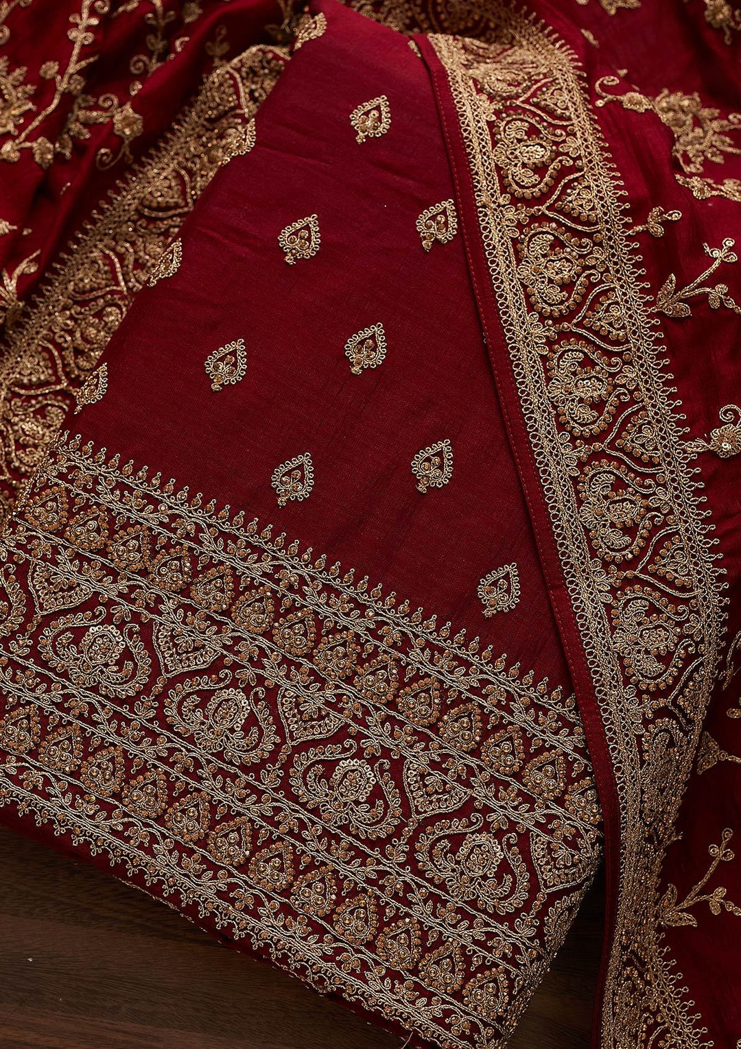 Maroon Stonework Raw Silk Designer Unstitched Salwar Suit - Koskii