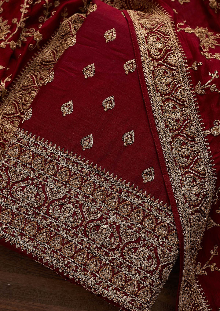 Maroon Stonework Raw Silk Designer Unstitched Salwar Suit - Koskii