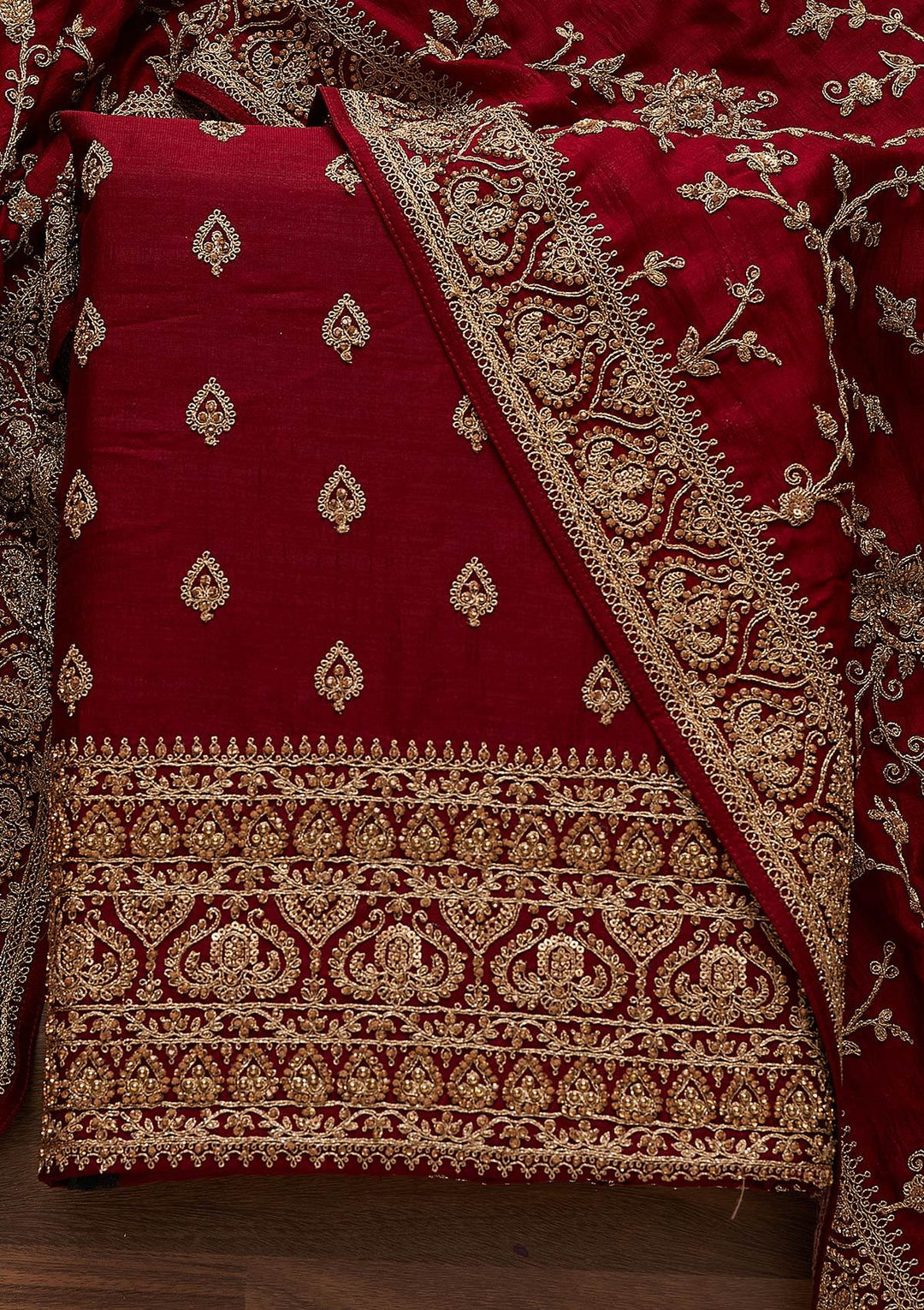 Maroon Stonework Raw Silk Designer Unstitched Salwar Suit - Koskii