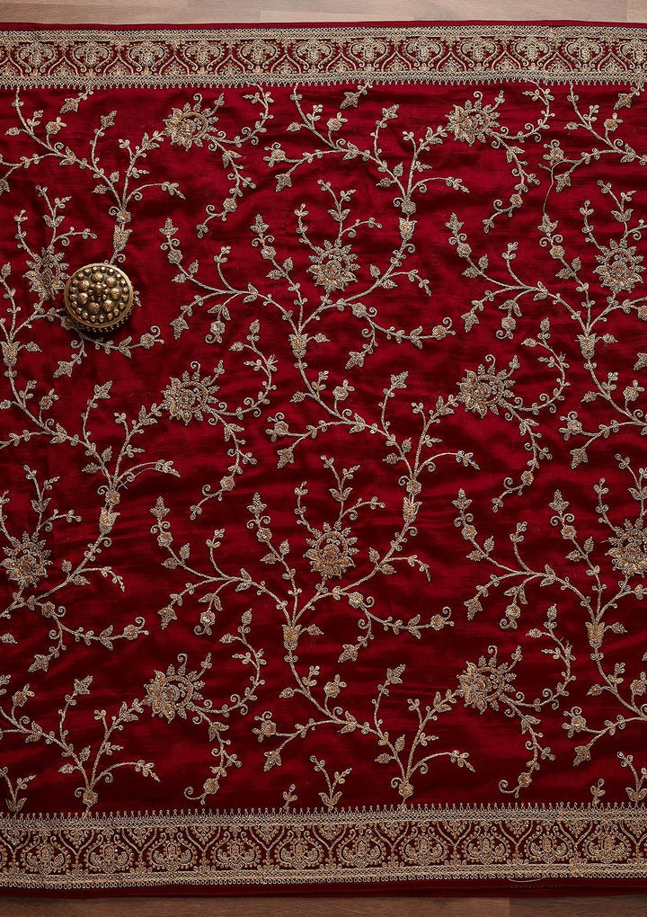 Maroon Stonework Raw Silk Designer Unstitched Salwar Suit - Koskii