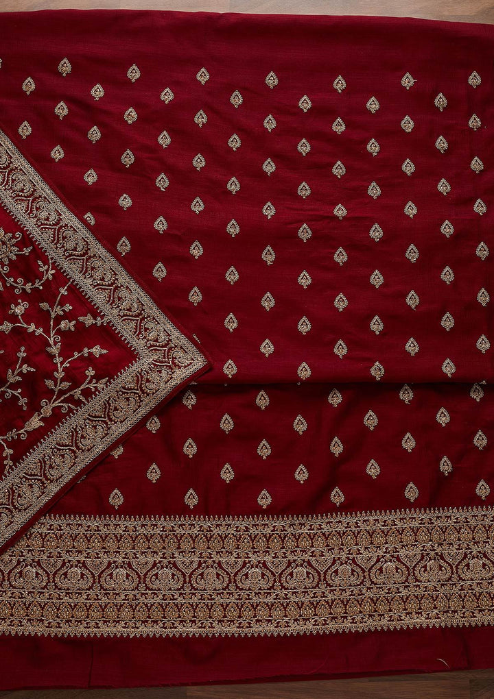 Maroon Stonework Raw Silk Designer Unstitched Salwar Suit - Koskii