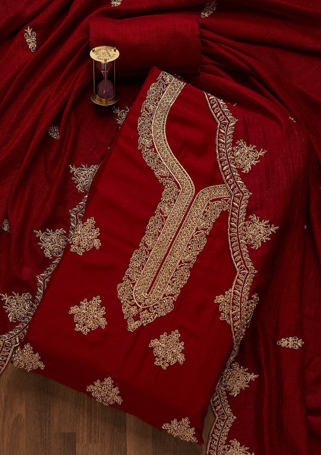 Maroon Stonework Raw Silk Unstitched Salwar Suit-Koskii