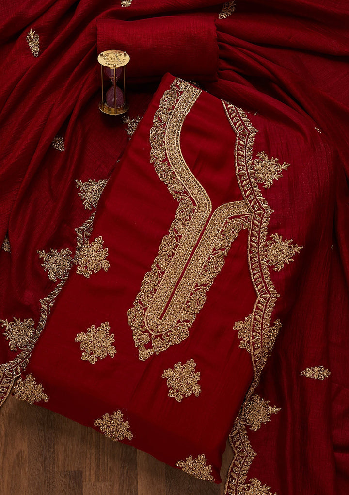 Maroon Stonework Raw Silk Unstitched Salwar Suit-Koskii