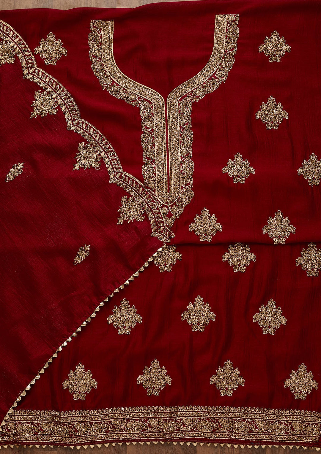 Maroon Stonework Raw Silk Unstitched Salwar Suit-Koskii