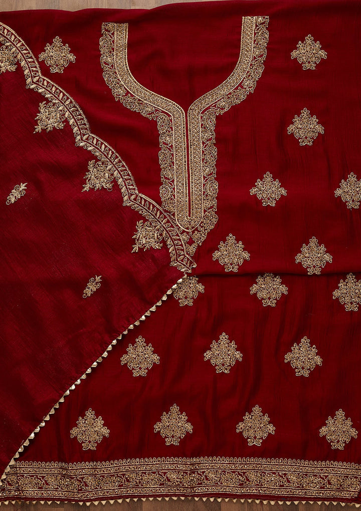 Maroon Stonework Raw Silk Unstitched Salwar Suit-Koskii
