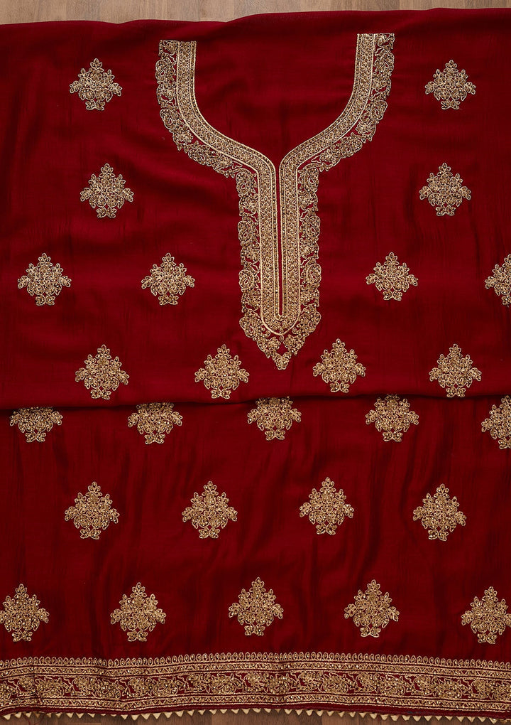 Maroon Stonework Raw Silk Unstitched Salwar Suit-Koskii