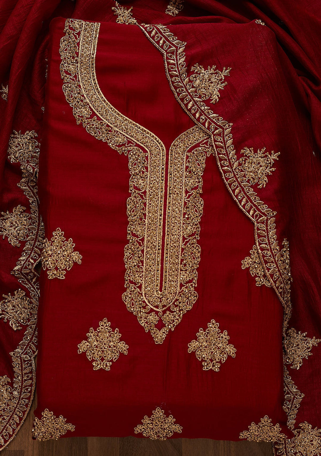 Maroon Stonework Raw Silk Unstitched Salwar Suit-Koskii