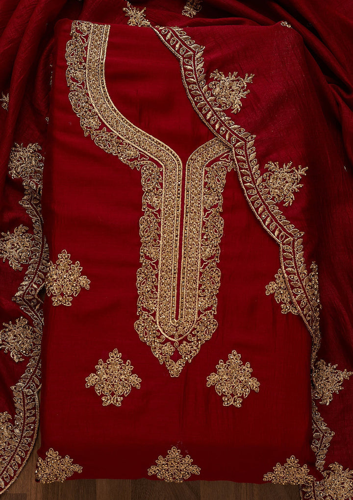 Maroon Stonework Raw Silk Unstitched Salwar Suit-Koskii