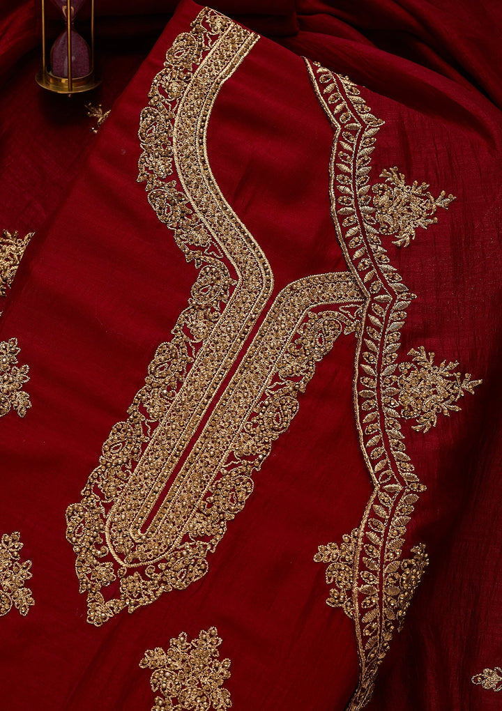 Maroon Stonework Raw Silk Unstitched Salwar Suit-Koskii