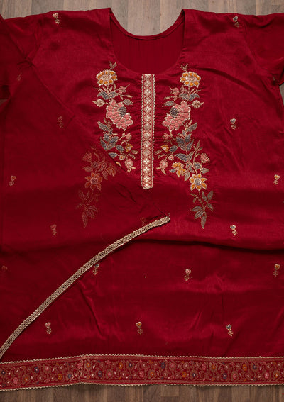 Maroon Stonework Raw Silk Unstitched Salwar Suit-Koskii