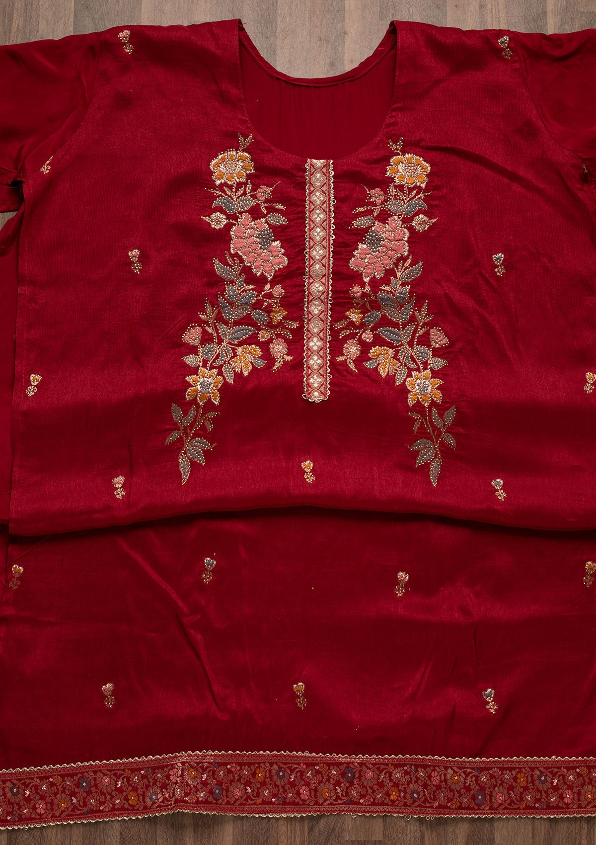 Maroon Stonework Raw Silk Unstitched Salwar Suit-Koskii